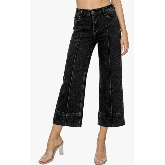 Astylish Denim - Astylish Wide Leg Jeans Womens 10 Black High Waisted Seam Front Cropped Denim